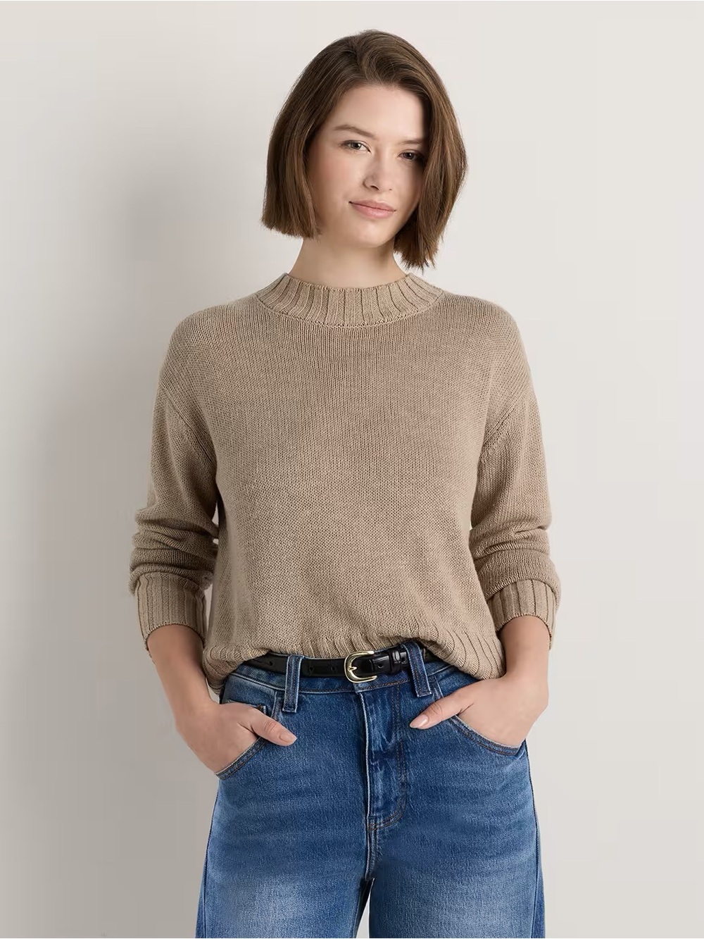 Quince Cotton Linen Relaxed Crew Sweater Earthen khaki